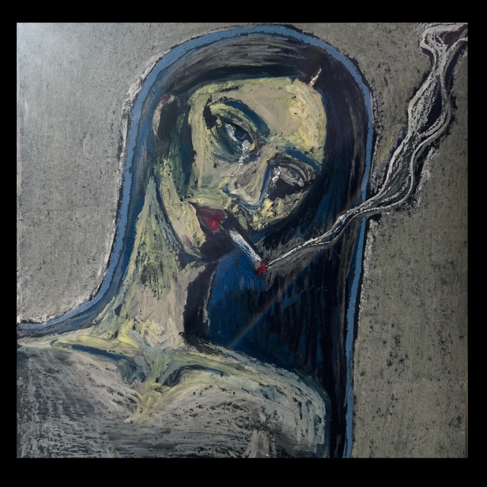 Unknown Blue-Grey Abstract Portrait Painting 12x12 Framed